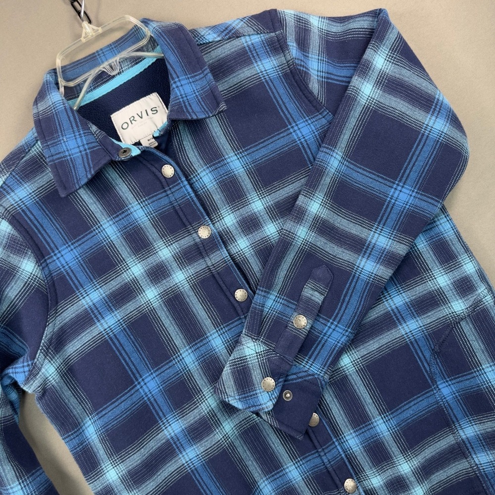Orvis Flannel Shirt Jacket Womens Medium Blue Plaid Fleece Lined Shacket Snap Up